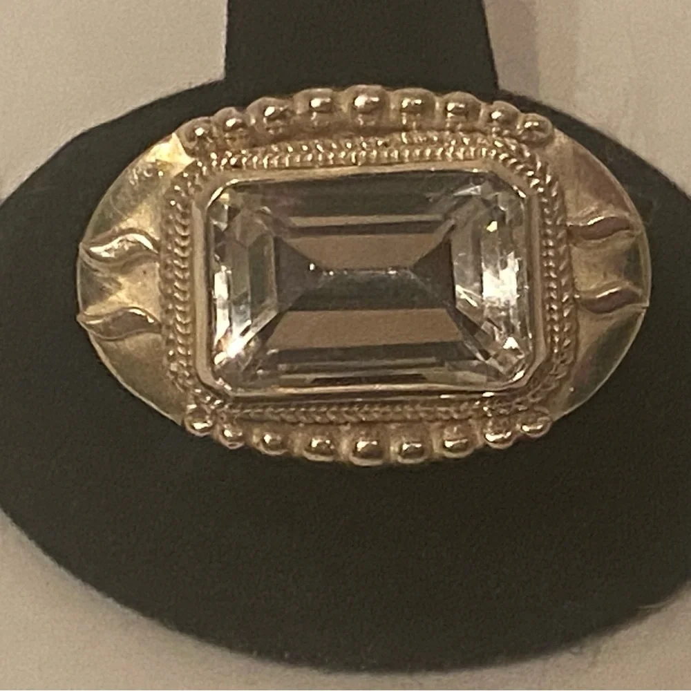 BROOCH VINTAGE STERLING SILVER 925 OVAL LARGE FACETED RECTANGLE CRYSTAL JEWELRY